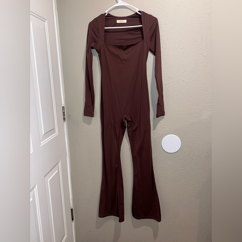 Qinsen Square Neck Long Sleeve Flare Leg Jumpsuit - Chocolate Brown - Size S